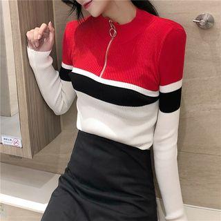 Color Block Long-sleeve Zip-front Top