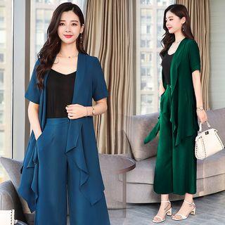 Set: Short-sleeve Coat + Wide-leg Pants