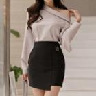 Set: One Shoulder Long-sleeve Top + High Waist Pencil Skirt