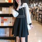 Long-sleeve Contrast-stitching Mini A-line Collared Dress