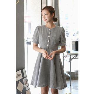 Puff-sleeve Gingham A-line Flare Dress