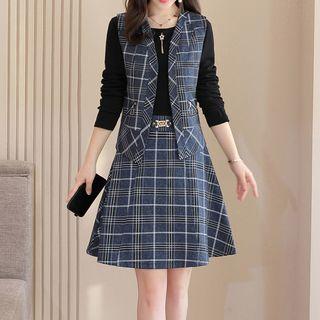 Set: Long-sleeve Mini A-line Plaid Dress + Plaid Vest