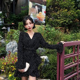 Bell-sleeve Frill-hem Dotted Wrap Dress