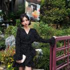 Bell-sleeve Frill-hem Dotted Wrap Dress