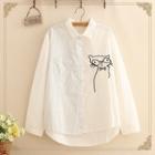 Cat Embroidered Stripe Panel Long-sleeve Shirt