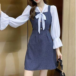 Set: Tie-neck Blouse + Mini A-line Pinafore Dress