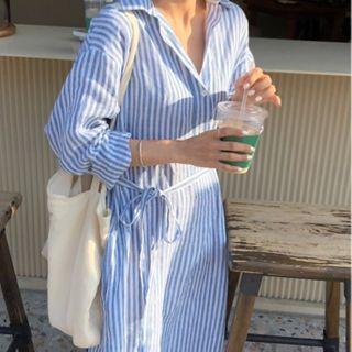Striped Tie-waist Maxi A-line Shirtdress