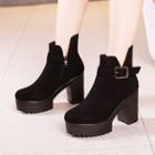 Faux Suede Buckled Chunky Heel Platform Short Boots