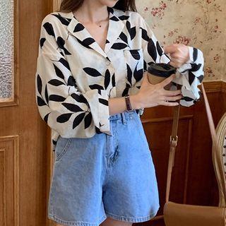 Leaf Print Oversize Long-sleeve Shirt