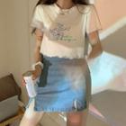 Cartoon Print Short-sleeve T-shirt / High-waist Mini Skirt