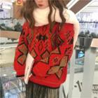 Patterned Chunky Sweater Almond Print - Red - One Size