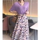 Lace Trim Short Sleeve T-shirt / Floral Print Midi Skirt