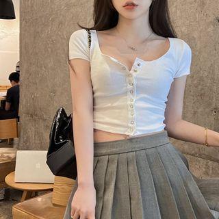 Cap-sleeve Button-up Crop Top