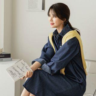 Flap-pocket Denim Midi Shirtdress Dark Blue - One Size