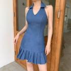 Halter-neck Pleated Hem Mini A-line Dress