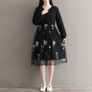 Long-sleeve Collared Embroidered A-line Mesh Dress