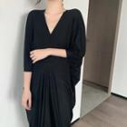 V-neck Batwing-sleeve Midi Dress Black - One Size