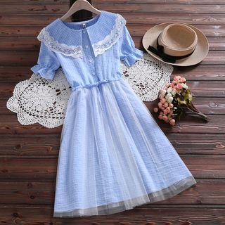 Short-sleeve Lace Trim Mesh Paneled A-line Dress
