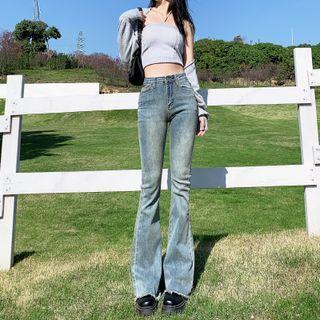 High Waist Fray Hem Flared Jeans (various Designs)