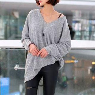 Long-sleeve V-neck Plain Long Top Gray - One Size