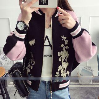 Floral Embroidered Color Block Knitted Bomber Jacket