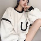 Color-block Fleece Loose-fit Pullover White - One Size