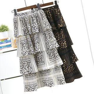 Leopard Pattern Midi Tiered Skirt