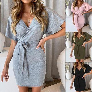 Short-sleeve Tie-front Sheath Dress