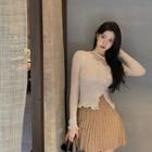 Ruffle Asymmetrical Sweater / Mini Pleated Skirt