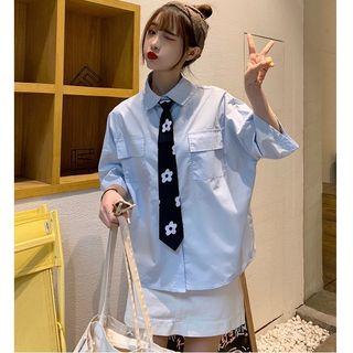 Pocket Detail Elbow-sleeve Shirt With Tie