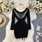 Long-sleeve Fringed Drawstring Mini Bodycon Dress Black - One Size