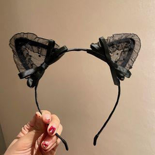 Cat Ear Bow Accent Mesh Headband Black - One Size