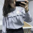 Embroidered Striped Ruffled Blouse