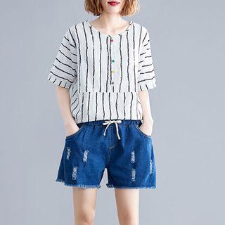 Panel Striped Short-sleeve T Shirt White - Stripe - L