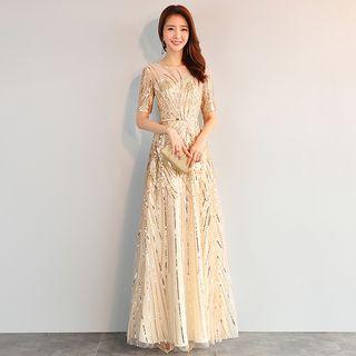Short Sleeve Mesh Panel Sequined A-line Evening Gown