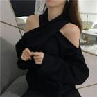 Off-shoulder Long-sleeves Top Black - One Size