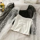 Patchwork Square-neck Ruched Crop Top
