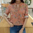 Open-placket Tab-sleeve Floral Blouse