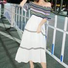 Off Shoulder Short-sleeve Mock Two Piece Midi Dress Stripe - One Size