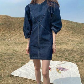 Lantern-sleeve Denim Shift Dress Denim Blue - One Size