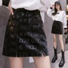 Lettering Slit Mini A-line Skirt
