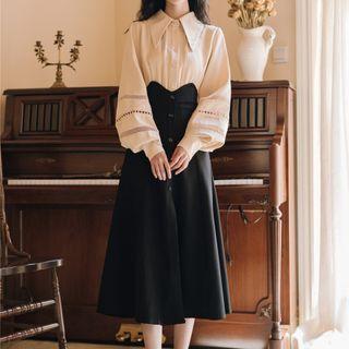 Set: Puff-sleeve Shirt + High-waist Midi Skirt