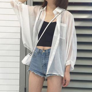 Long-sleeve Sheer Pocketed Shirt White - One Size