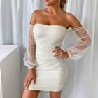Off-shoulder Puff-sleeve Rhinestone Ruched Dress