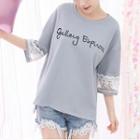 Lace Insert Lettering Elbow-sleeve T-shirt