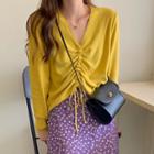 Long-sleeve Drawstring Knit Top / Floral A-line Midi Skirt