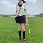 Short-sleeve Sailor Collar Top / Mini Pleated Skirt