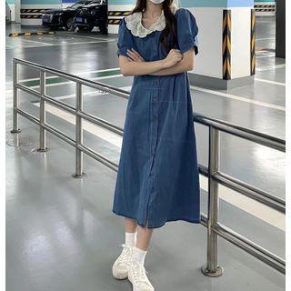 Short-sleeve Button-up Denim Midi A-line Dress