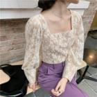 Plain Square-neck Lace Long-sleeve Blouse / Plain High-waist Pants