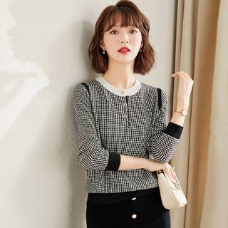 Checkered Henley Knit Top